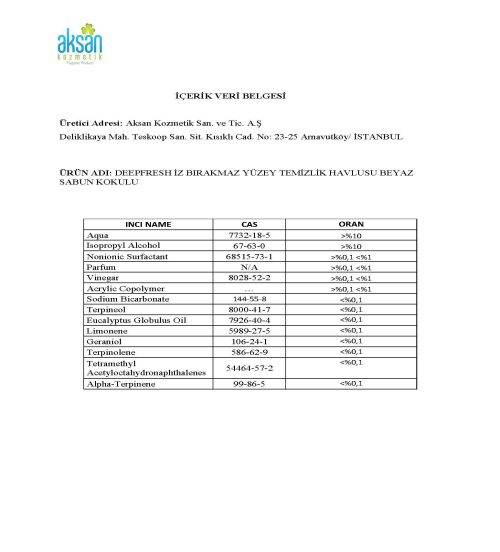 DEEPFRESH İZ BIRAKMAZ YÜZEY TEMİZLEME HAVLUSU BEYAZ SABUN KOKULU