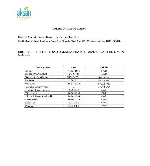 DEEPFRESH İZ BIRAKMAZ YÜZEY TEMİZLİK HAVLUSU LİMON KOKULU